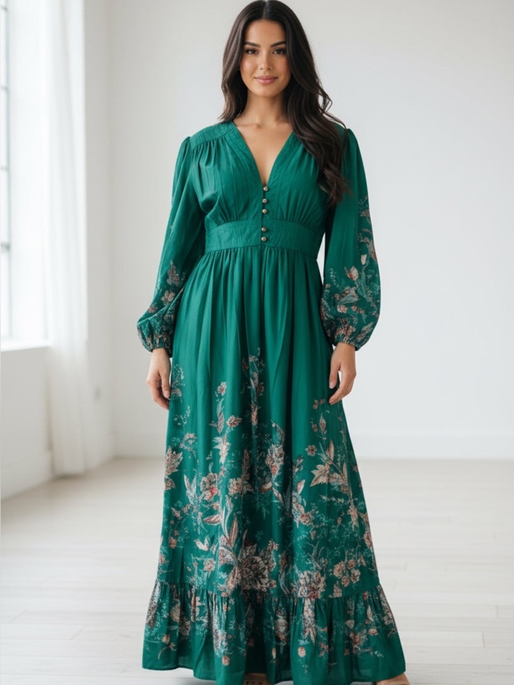 Emerald Green Floral Maxi Dress
